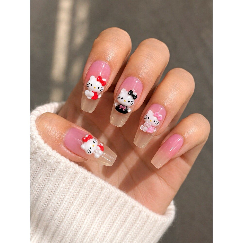 Cat themed 3D Press-On Nails Pink/Clear/White Coffin Long Shiny Full Cover